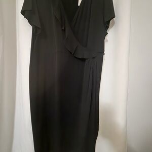 Avenue Black Wrap-Style Midi Dress with Ruffle Detail